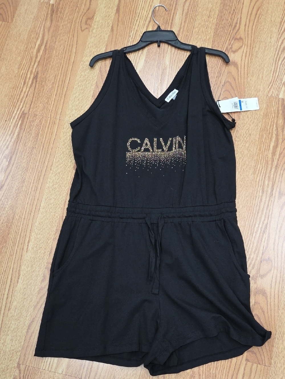 New Calvin Klein Black Sleeveless Romper with Gold Logo.  XL